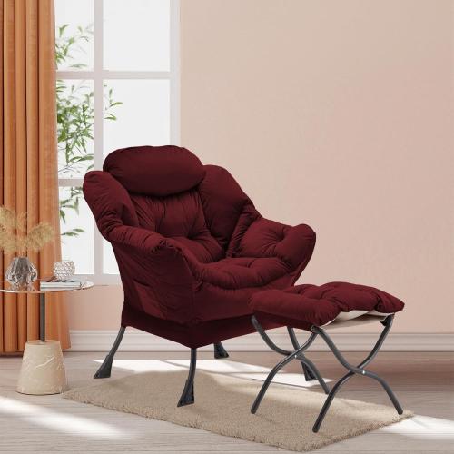 Lazy Chair with Folding Ottoman, Accent Chair Velvet Upholstered with Metal Structure and Non-Slip Pads, Sofa Armchair with Footrest and Side Storage Bag for Dorm, Room, Office, Burgundy