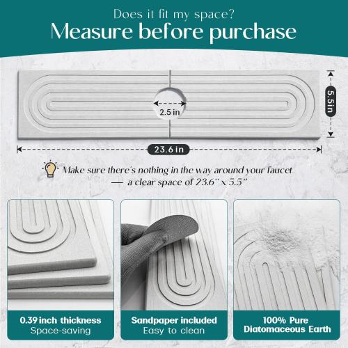 Large Faucet Mat for Kitchen Sink - Stone Drying Mat for Kitchen Counter, Diatomite Fast Drying Stone Sink Tray, Super Absorbent, Stylish Decor and Protector for Bathroom (Light Grey, 23.6 x 5.5)