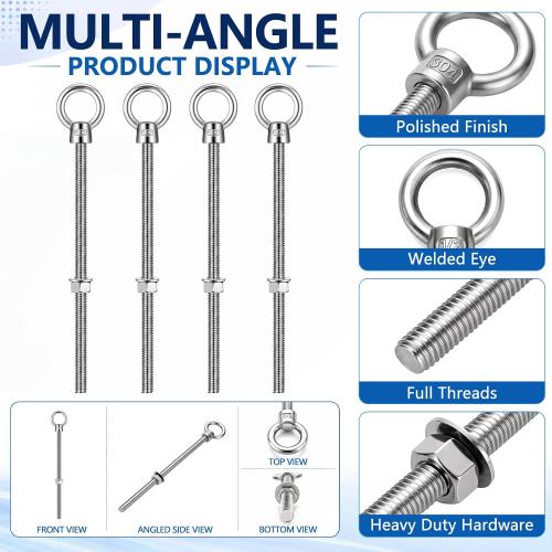 Stainless Steel Eye Bolts with Nuts, 1/2 X 10