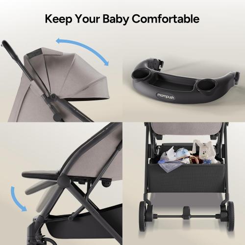 Mompush Lithe V2 Lightweight Travel Stroller, Compact Foldable Baby Stroller with Travel Bag, One-Hand Fold Stroller, Snack Tray, Mechanical Recline Seat, Airplane-Ready, UPF 50  Canopy & Rain Cover