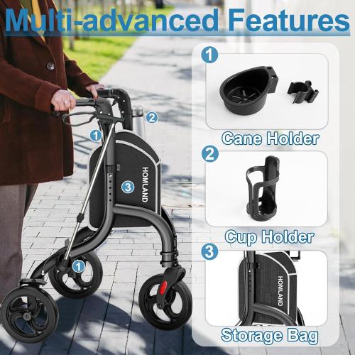 3 Wheel Walkers for Seniors, Foldable Wheeled Rollator with Cane Hold and Cup Hold, Lightweight Three Wheel Rolling Walker Height Adjustable for Seniors