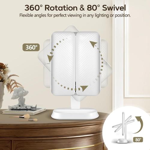 GOMIPURU Makeup Mirror with Lights and 30X/10X/5X Magnification, Vanity Mirror with 3 Color Lights, Rechargeable, Detachable, Lighted Makeup Mirror with Magnification, Trifold Mirror, Gifts, White