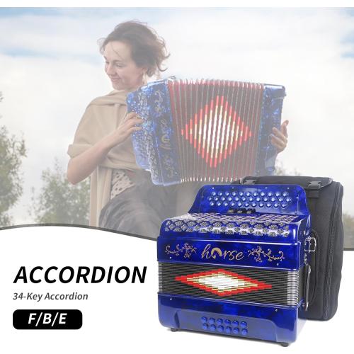 Horse 34 Key Accordion, FBE 12 Bass 3 Row, Made of Celluloid Louder & Clearer Timbre than Plastic,Accordions Instrument for Adults,W/Luxury Backpack,Straps,34 Buttons Acordeón Acordeones Para Adultos