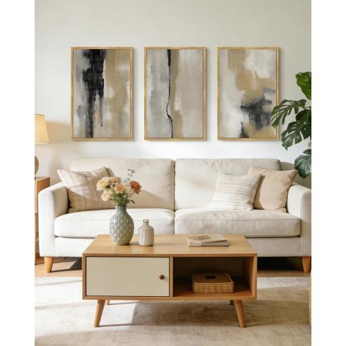 KUVIOKE Black Abstract Framed Wall Art Neutral Graffiti Pastel Minimalist Wall Decor Modern Art Painting for Bedroom Living Room 24x36in (Natural Framed)