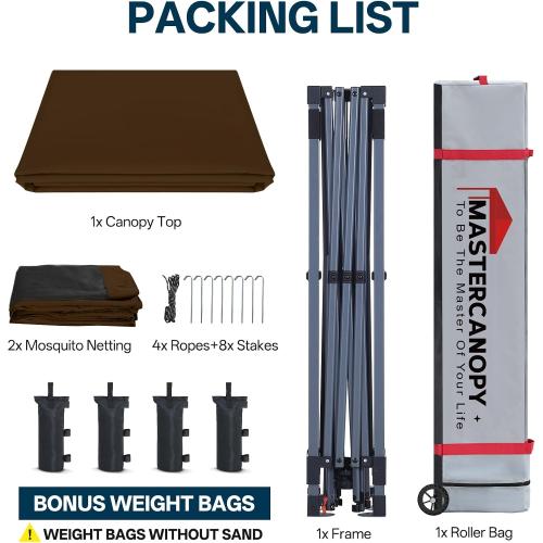 MASTERCANOPY 10x10 Pop Up Canopy Tent with Netting Walls Brown | Silver‑coated Waterproof UV‑blocking with Bug‑proof Mesh and Straight Legs for Parties, Picnics, Camping