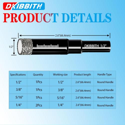 Dry Diamond Drill Bits Set, 5 Pcs Tile Drill Bits for Porcelain, Ceramic, Granite, Marble, Stone, Glass Hard Materials, Round Shank 1/4, 5/16, 3/8, 1/2 Drill Bits, with Storage Case