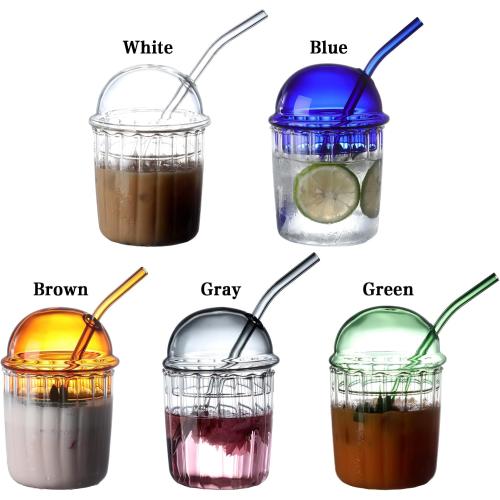 2 Pack....Cute Drinking Glasses with Dome Lid and Straw, Reusable Wide Mouth Smoothie Cups 15oz Glass Coffee Iced Cup Tumbler Glass Bubble Tea Cup for Coke Soda Home Office Bar((White)