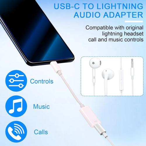 USB C to Audio Adapter, USB C Male to Female Headphone Adapter for Earbuds Charging Data Transfer Music Playback Calls for iPhone 16/15 iPad