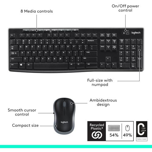 Logitech MK270 Wireless Keyboard and Mouse Combo for Windows, 2.4 GHz, 8 Multimedia Keys, PC, Laptop, Wireless Keyboard Compact Mouse Combo - Black