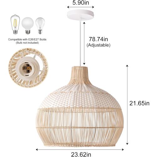 Arturesthome White Rattan Pendant Light for Kitchen Island Sink, Wicker Chandelier, Handmade Woven Hanging Ceiling Light Lampshade