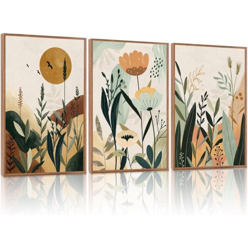 KAIRNE Neutral Floral Wall Art Set of 3,Framed Abstract Prints,Vintage Colorful Flower Canvas,Boho Botanical Artwork,Minimalist Farmhouse Decor for Living Room Bedroom Kitchen Office,16X24 inch