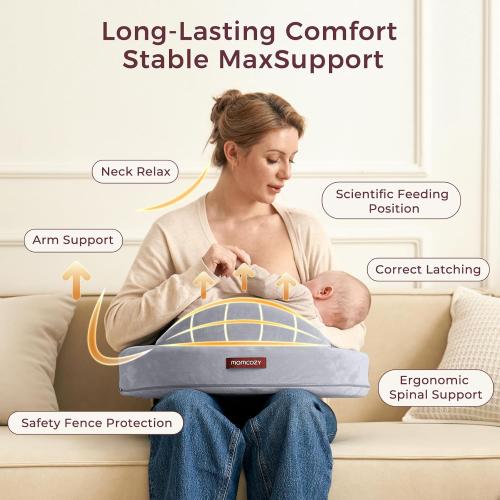 Momcozy Innovative Safety Fence Nursing Pillow - Firm & Springy Memory Foam - Stable, Ergonomic Support & Comfort - Wider Breastfeeding Cushion, Adjustable, Removable Cover, Baby Safety Certified