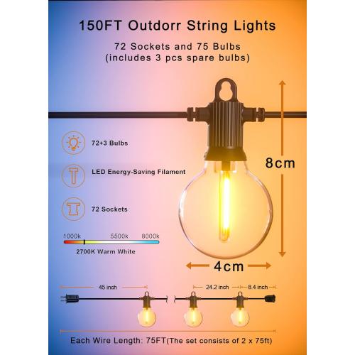 Outdoor String Lights, 150FT Patio Lights with 75 Shatterproof G40 Globe Bulb(3 Spare), Waterproof Connectable Dimmable LED Hanging String Lights for Outside Backyard Porch Balcony(2x75FT)