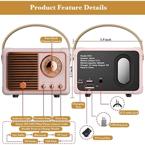 Retro Bluetooth Speaker, Wireless Mini Portable Speakers Vintage Radio Support USB/TF Card/AUX, Cute Bluetooth Speaker for Kitchen Desk Bedroom Office, Birthday Gifts for Women Teenage, Pink