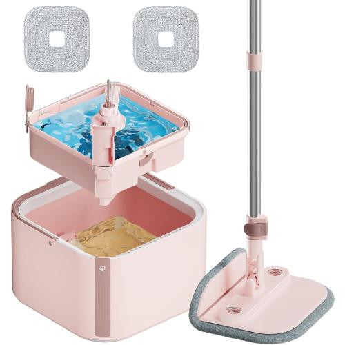KZKR Square Spin Mop and Bucket Set with Self Separation Dirty and Clean Water System,Self Wringing 360° Rotating Mops Head for Home Floors Cleaning (2.0 mop Bucket Set with 2 Pads)