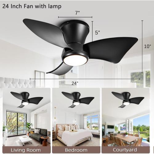 24 Inch Flush Mount Ceiling Fans with Lights, High Airflow Remote/APP Control, 3CCT Dimmable LED Light, Recessed Ceiling Fan for Kitchen, Bedroom, Patio