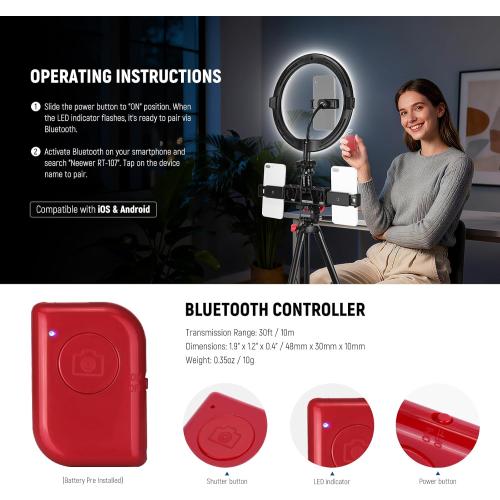 NEEWER Basics 10 Selfie Ring Light with Tripod Stand/3 Phone Holders Compatible with iPhone/3 Cold Shoes/Remote, LED Ringlight Lighting for YouTube TikTok Vlog Video Recording Makeup Streaming, R11
