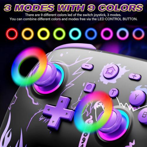 Color Black and purple Controller for Switch/OLED/Lite, Wireless Pro Switch Controller with LED Joystick/Motion/Vibration/Turbo/Wake up