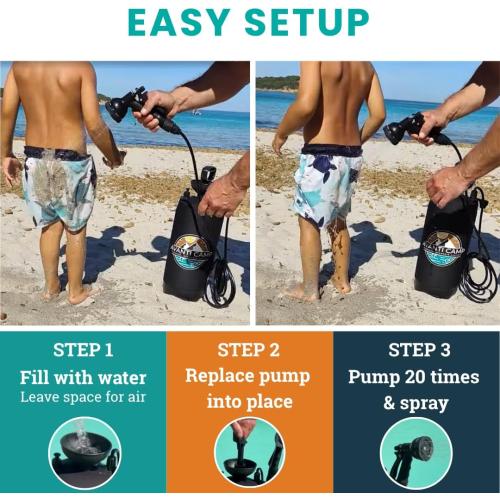 2.1 Gallon Pressurized Portable Camping Shower | 10-Mode Spray Head | Premium Neoprene Insulated Sleeve & Padded Shoulder Strap | Rinse Kit for Surf, Sand, RV, Road Trips & Pets | Black