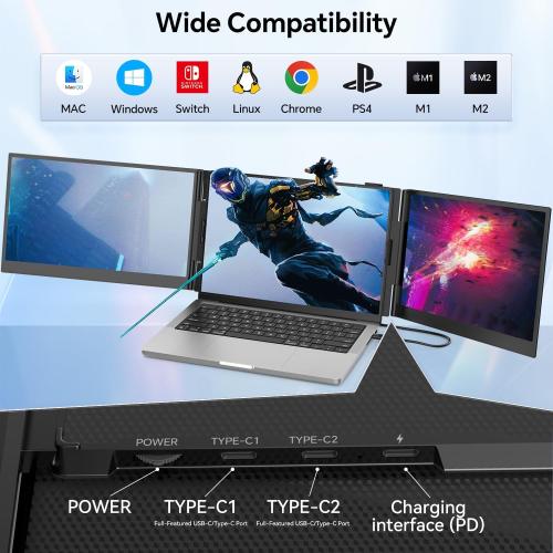 14.2’’ Triple Laptop Screen Extender, 0.17 Ultra-Slim FHD 1080P Portable Monitor for Laptop, Tri-Screen Travel Monitor Extender, Plug-Play for Windows/Mac/Chrome, Fit 13”-17.3” Laptops