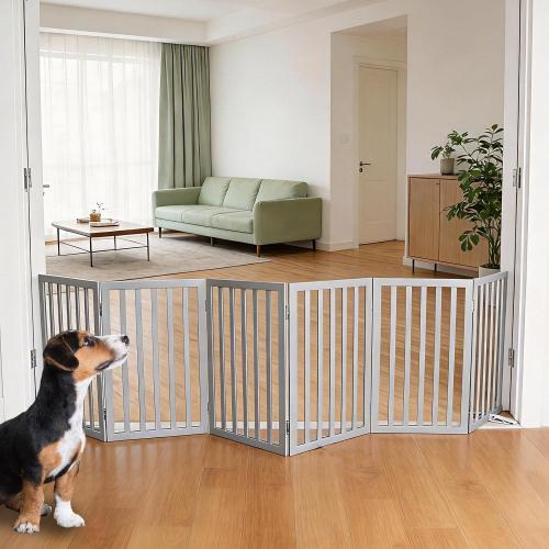 ZJSF Freestanding Indoor Dog Gate for House Foldable Wood Puppy Gate for Doorways Pet Gate for Stairs Extra Wide Pet Fence, Grey, 32 Height 6 Panels