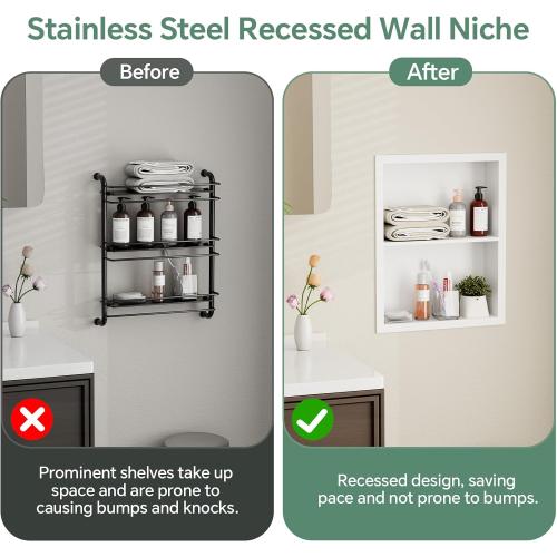 Stainless Steel Recessed Medicine Cabinet 14''*18'', Rust-Proof Metal Wall Niche, in Wall Shower Niche Shelf Insert Replacement, Recessed Medicine Cabinets for Drywall, Bathroom Storage, White