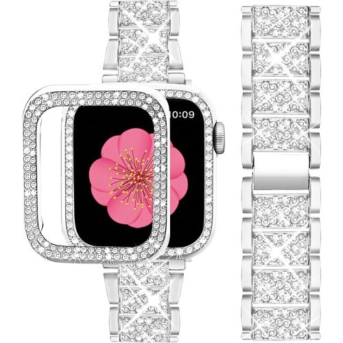 SUPOIX Compatible with Apple Watch Band 44mm   Case, Women Jewelry Bling Diamond Metal Bands & 2 Pack Protective Cover Cases for iWatch Series 6/5/4(Silver/44mm)