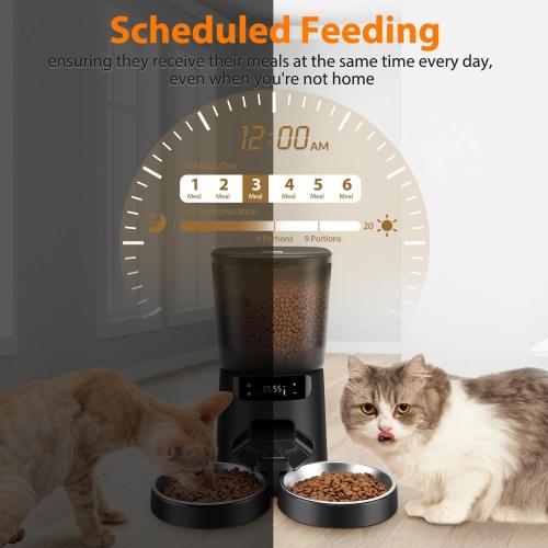 Automatic Cat Feeders for Two Cats, 5L/20 Cups Double Automatic Cat Food Dispenser with 2 Stainless Bowls,10s Meal Call and Timer Setting 20 Portions 6 Meals Per Day,Pet Feeder for Dog Black