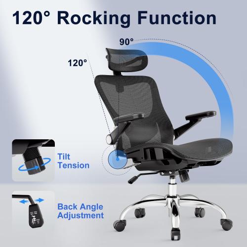 Ergonomic Office Chair，Mesh Seat Cushion with 3D Armrests and 3D Headrest, Adjustable Lumbar Support with Rocking Function, SGS Class 4 Gas Clylinder，Black