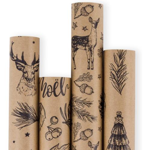 RUSPEPA Christmas Wrapping paper - Brown Kraft Paper with Black Christmas Elements Print Paper - 4 Roll-30Inch X 10Feet Per Roll