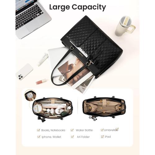 LOVEVOOK Laptop Tote Bag for Women,15.6 Inch Work Bags PU Leather Teacher Tote Bag,Waterproof Quilted Computer Bag for Office Professional Briefcase Gifts