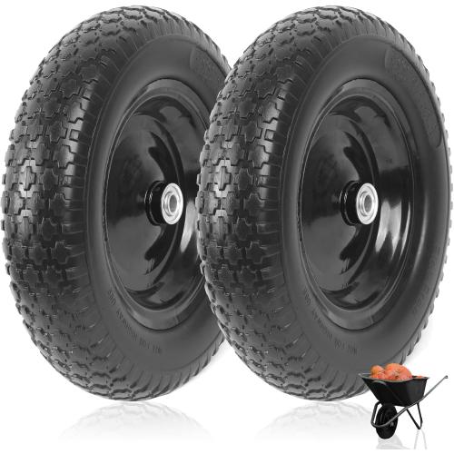 (2-PACK) 4.80/4.00-8 Flat Free Tire and Wheel - Universal Fit 14.5 Solid Wheelbarrow Tires with 3 Hub and 5/8 Bearings – Extra Adapter kit includes 3/4 Ball Bearings, 1 and 1/2 Nylon Spacers