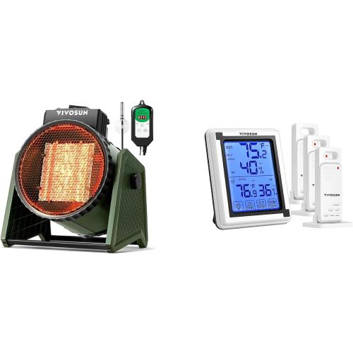 VIVOSUN Portable Greenhouse Heater with Adjustable Thermostat and Digital Thermometer and Hygrometer with 3 Remote Sensors, Indoor Outdoor Temperature and Humidity Monitor