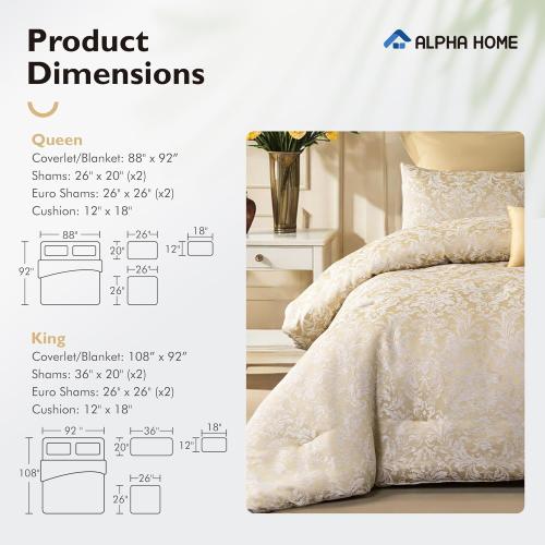 ALPHA HOME Queen Size Jacquard Bedding Comforter Set - All Season Luxurious Elegance With Cushion (1 Comforter, 2 Pillow Shams, 2 Euro Shams)