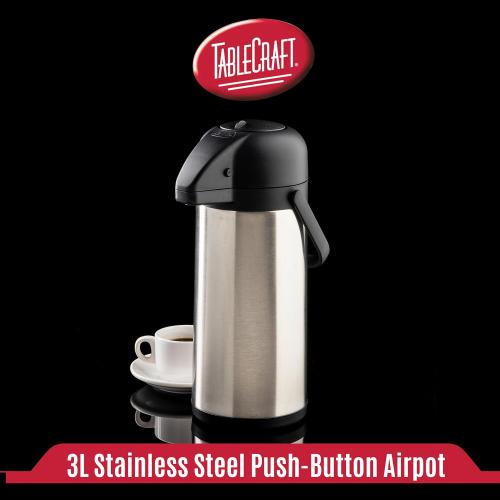 Stainless Steel Airpot with Swivel Base, 3 L (100 oz), Matte Silver Finish, Vacuum Insulated, Lockable Hot and Cold Airpot with Handle, Push-Button Dispenser