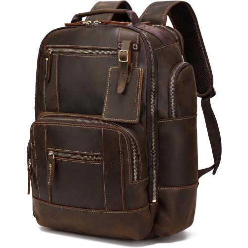 LANNSYNE Vintage Genuine Leather Backpack for men, 15.6 Laptop Backpack Travel Camping 24L Rucksack