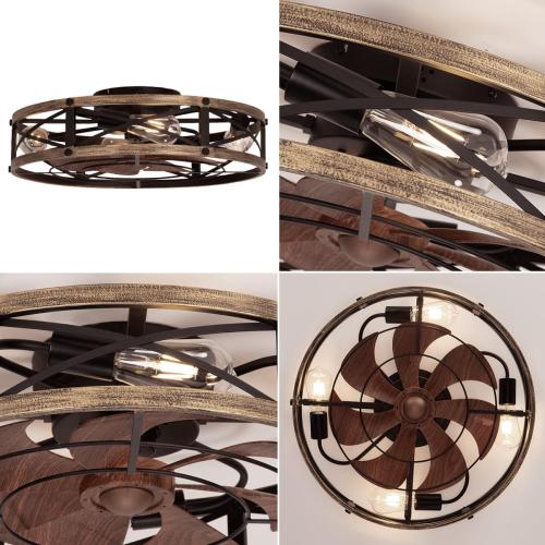 SHLUCE 22 Farmhouse Ceiling Fan with Light, Rustic Caged Bladeless Low Profile Ceiling Fans with Lights and Remote, Modern Flush Mount Ceiling Fans with Lights for Bedroom, Living Room - ETL