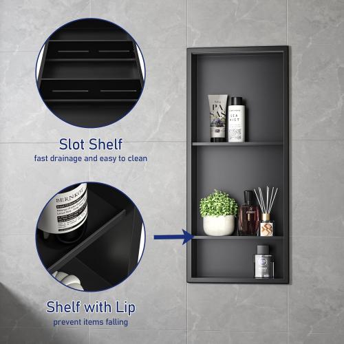 Stainless Steel Shower Niche Matte Black 30 X 12 W/ 3-Tier Shelf | Recessed shower niche no tile needed,space-saving,vertical niche, silver bathroom niche shower for shampoo & soap storage