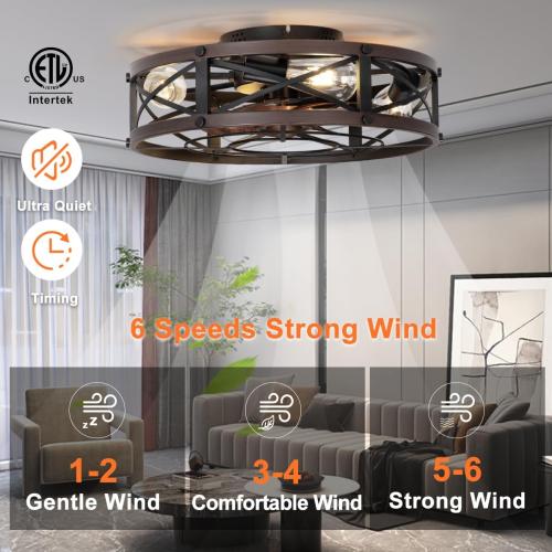 SHLUCE 19 Caged Low Profile Ceiling Fan with Light, Farmhouse Small Flush Mount Ceiling Fans with Lights and Remote, Rustic Bladeless Ceiling Fan with Light for Bedroom, Kitchen, Brown - ETL