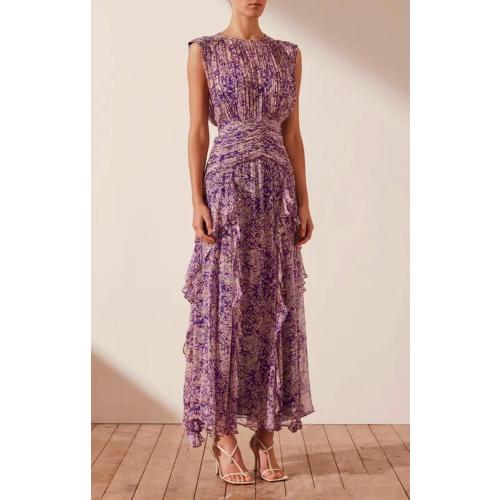 size L ...Catalpalev Ladies Temperament Chiffon Printed Round Neck Sleeveless Waist Long Dress Valentine's Day Date Prom Dresses