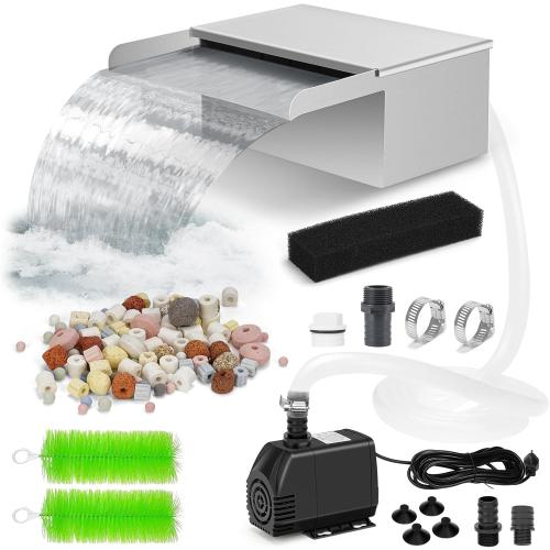 Pond Waterfall Spillway with Filter and Pump Kit - 304 Stainless Steel Ponds Waterfall Box,800 GPH Pump,9.8FT Oxford Hose,Garden Water Features
