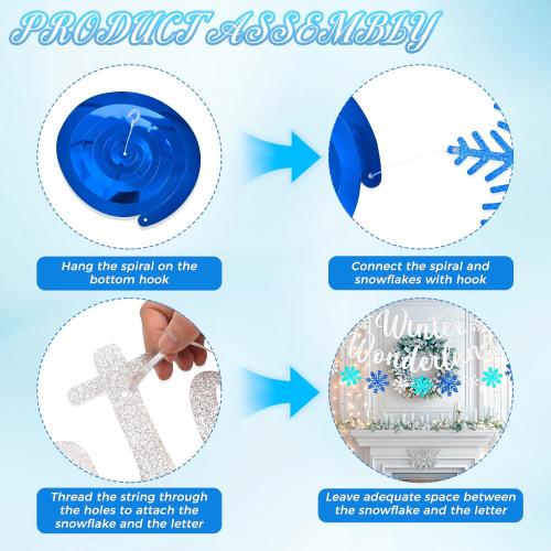 Winter Wonderland Snowflake Party Decorations - 62 Pcs Christmas Onederland 1st Birthday Party Hanging Decor, Blue White Snow Balloons for Ceiling Wall, Paper Banner Flake Streamers for Holiday