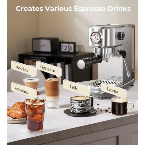 Espresso Machine with Milk Frother, 20 Bar Pressure Espresso Maker, with 44OZ Removable Tank, Compact Stainless Steel Coffee Machine for Home, Office, Latte, Cappuccino, Macchiato, Silver