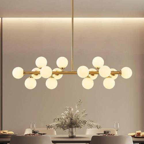 Glass Globe Sputnik Chandelier, 16-Light Mid Century Modern Light Fixture Over Table, Linear Chandeliers for Dining Room, Kitchen Island, Brass Gold and Milk White Bubble, 40 Inch, GC-02