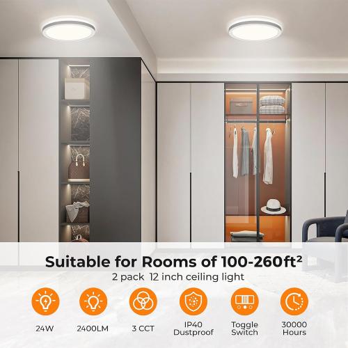 LED Flush Mount Ceiling Light, 12 Inch 24W 3000K/4000K/5000K Hardwire Light Fixture, Ultra Thin Round White Lamp for Kitchen Porch Bedroom Hallway Stairwell Basement, Non-dimmable 2 Pack
