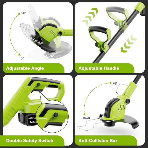 Green 12 Kihoplly Stringless Weed Wacker Cordless Eater, 21V 3000mAh*2 Battery Powered Grass Trimmer Brush Cutter, 3-in-1 Wheeled Lawn Edger with Blades, Electric String Trimmer 2 Batteries and Charger