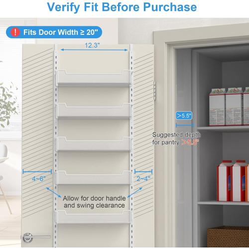 VyGrow 12.3 W Narrow Over the Door Pantry Organizer, 6-Tier Over the Door Organizer with Adjustable Basket, Pantry Door Organization for Pantry Kitchen Storage Room Spice Rack, White