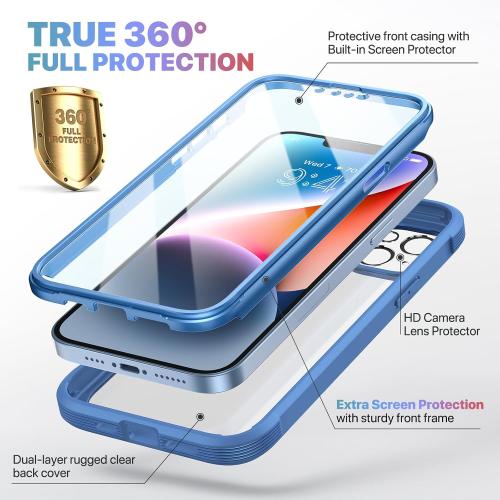 Diaclara Designed for iPhone 14 Case, Full Body Rugged Case with Built-in Touch Sensitive Anti-Scratch Screen Protector, with Camera Lens Protector for iPhone 14 6.1 (Elegant Blue)