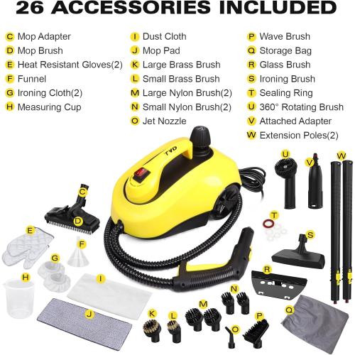 Yellow TVD Steam Cleaner, Heavy Duty Canister Steamer with 26 Accessories, Steam Mop with 5M Extra-Long Power Cord for Home Floor Cleaning, Grout, Upholstery, Car Detailing