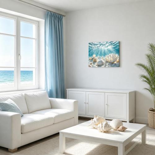 libitea Framed Coastal Canvas Wall Art - Coastal Ocean Relaxation Wall Decor Underwater Sunbeam Seashell Poster Printing Artwork for Bathroom Bedroom Living Room